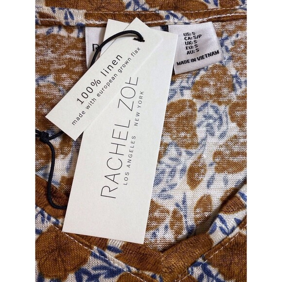 NWT Rachel Zoe Size Small Womens Orange Floral Linen Top Short Sleeve Shirt Boho - Picture 6 of 11